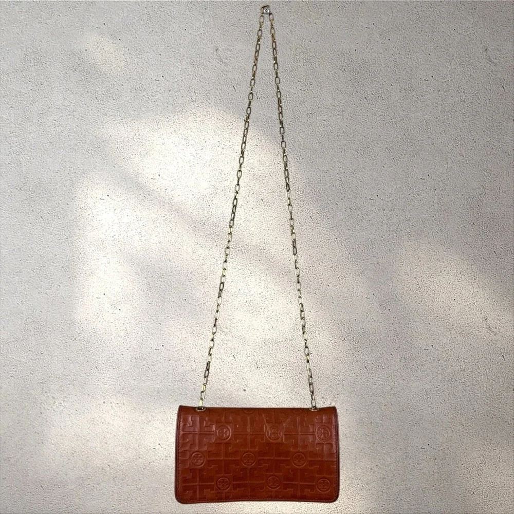 Tory‎ Burch Embossed Chain Wallet Crossbody Bag Brown Leather Logo Purse